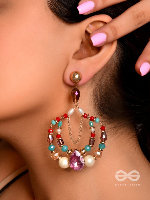 The Jazzy Rainbow- Golden Pearls and Stone Earrings