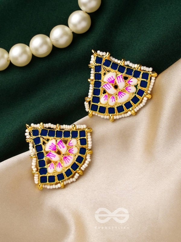 The Lotus Temple- Enamelled Statement Stud Earrings (Indigo Blue)

 