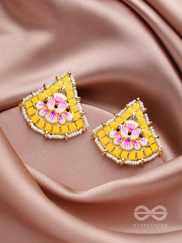 The Lotus Temple- Enamelled Statement Stud Earrings(Cadmium Yellow) 