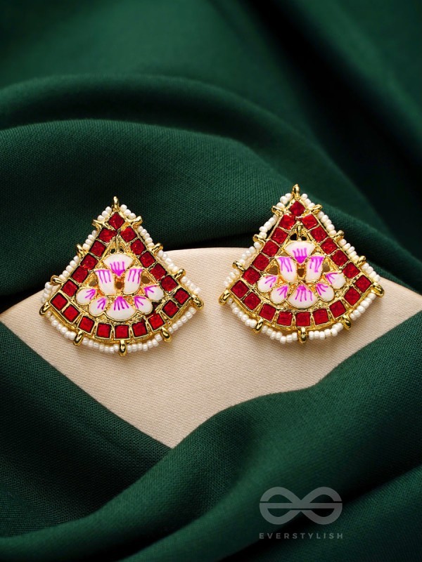 The Lotus Temple- Enamelled Statement Stud Earrings(Scarlet Red)