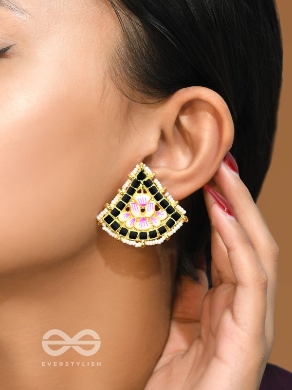 The Lotus Temple- Enamelled Statement Stud Earrings(Midnight Black)
