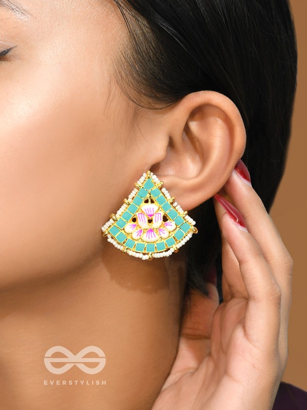 The Lotus Temple- Enamelled Statement Stud Earrings(Arctic Blue)