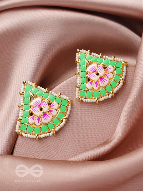 The Lotus Temple- Enamelled Statement Stud Earrings(Lime Green)