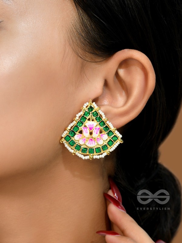 The Lotus Temple- Enamelled Statement Stud Earrings(Forest Green)