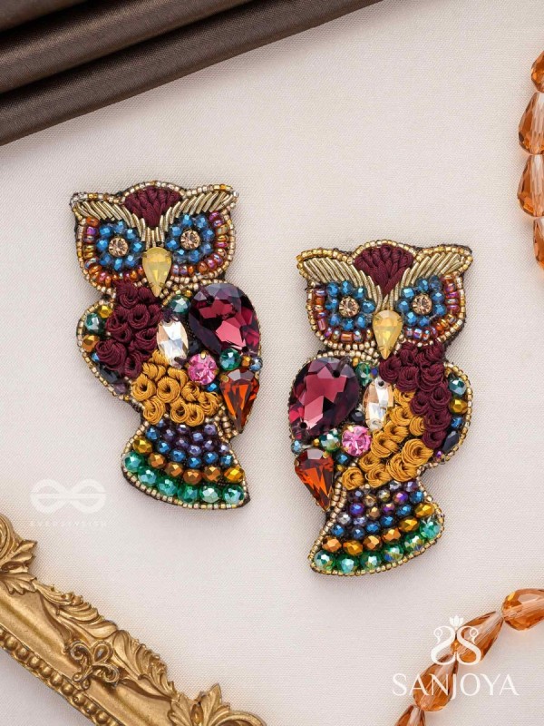 Krushika - The Majestic Owl - Stones, Resham And Beads Hand Embroidered Earrings