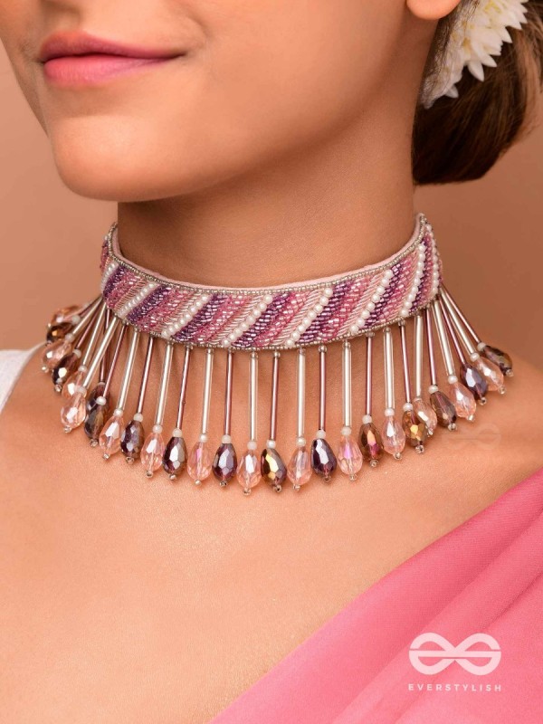 Plaksha - The Tulip Garden - Beads, Cutdana And Glass Drops Hand Embroidered Choker Neckpiece