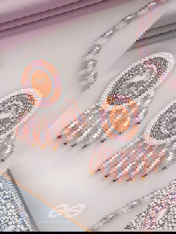 Praatika - The Pink Rose - Stone, Cutdana And Glass Drops Hand Embroidered Earrings