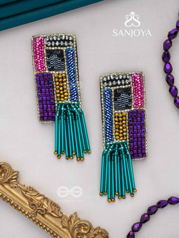 Srava- The Vibrant Waterfall- Beads and Bugle Glass Pipes Embroidered Earrings