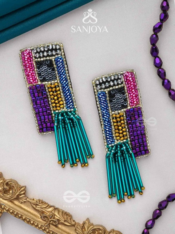 Srava- The Vibrant Waterfall- Beads and Bugle Glass Pipes Embroidered Earrings