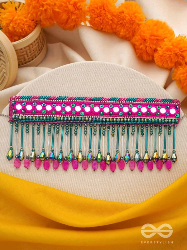 Srava- The Rose Cascade- Glass Beads & Mirror Lace Embroidered Choker Necklace