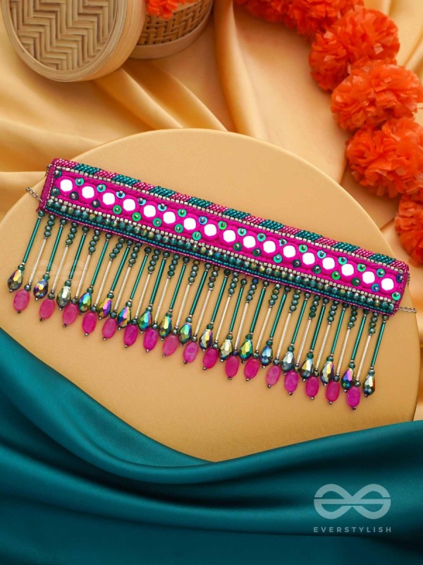 Srava- The Rose Cascade- Glass Beads & Mirror Lace Embroidered Choker Necklace