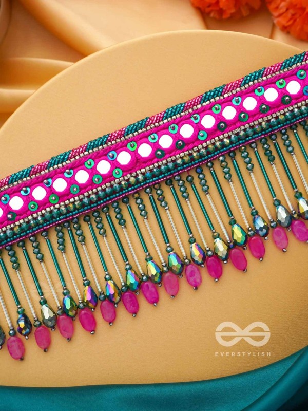 Srava- The Rose Cascade- Glass Beads & Mirror Lace Embroidered Choker Necklace