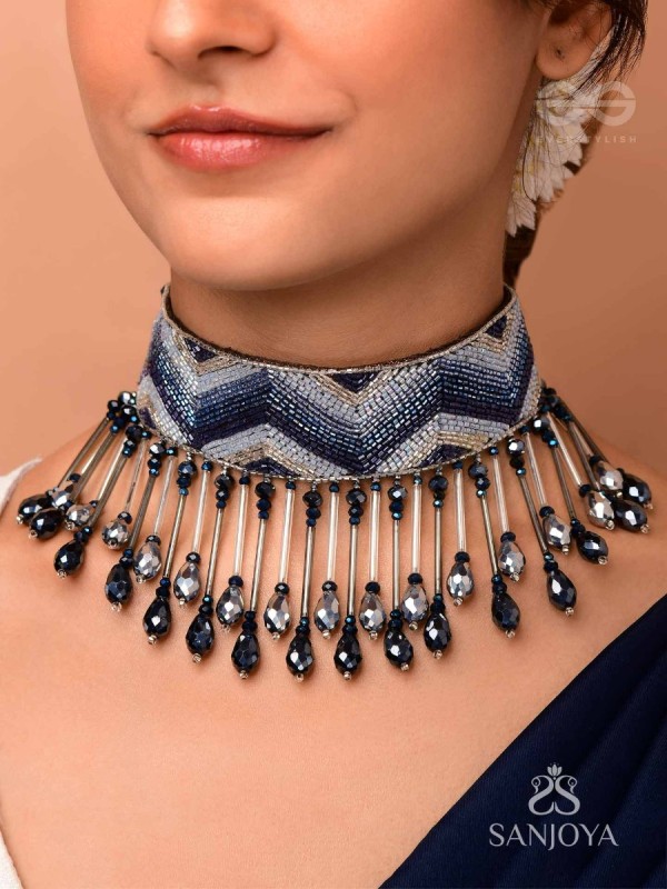 Adrisha - The Indigo Hills - Cutdana And Glass Drops Hand Embroidered Choker Neckpiece