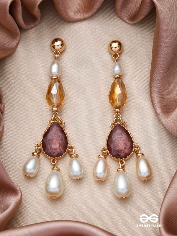 The Crystal Cascade- Golden Pearl Earrings