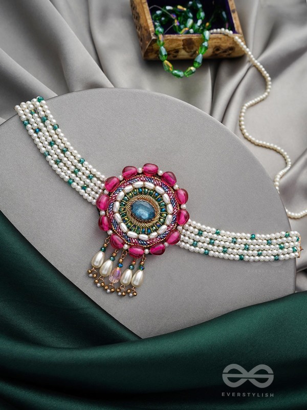 Praatika- The China Rose - Stone,  Beads And Pearl Drops Hand Embroidered Choker Neckpiece