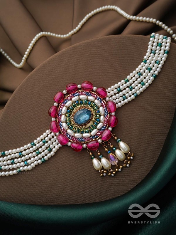 Praatika- The China Rose - Stone,  Beads And Pearl Drops Hand Embroidered Choker Neckpiece