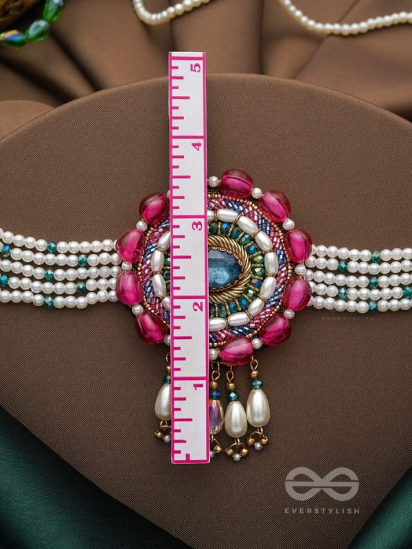 Praatika- The China Rose - Stone,  Beads And Pearl Drops Hand Embroidered Choker Neckpiece