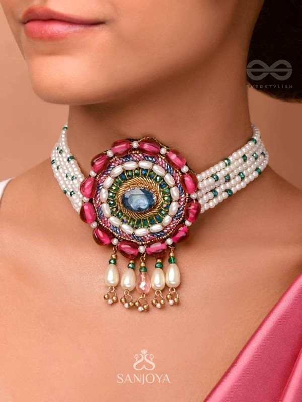 Praatika- The China Rose - Stone,  Beads And Pearl Drops Hand Embroidered Choker Neckpiece