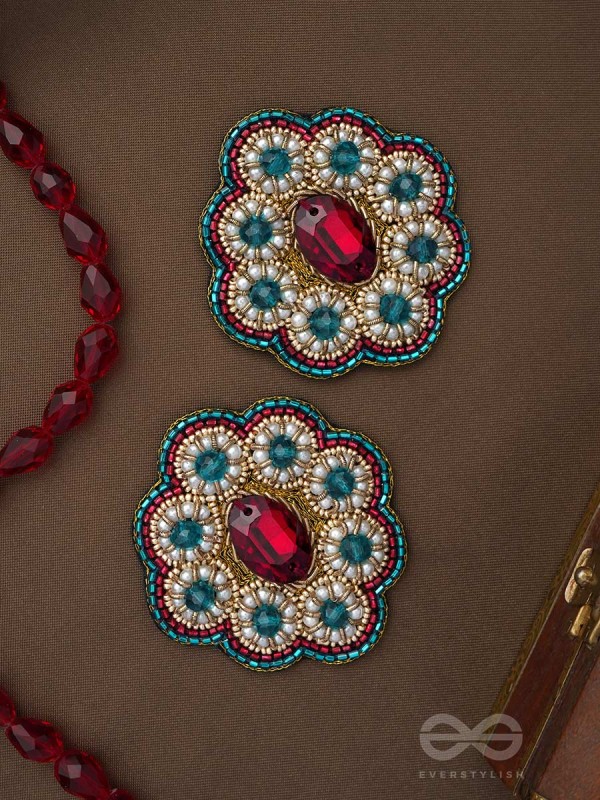 Stibhi - Treasures Of Ruby - Dabka, Stone And Beads Hand Embroidered Earrings