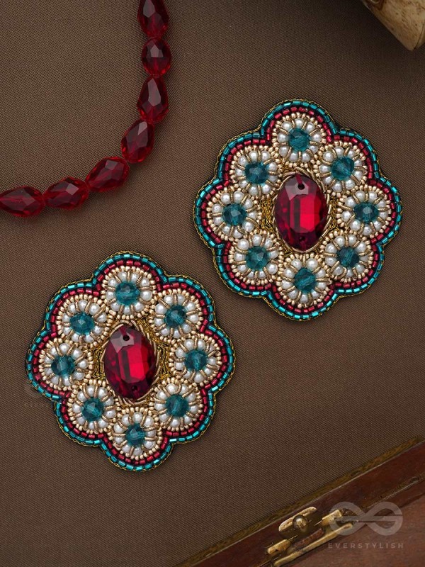 Stibhi - Treasures Of Ruby - Dabka, Stone And Beads Hand Embroidered Earrings