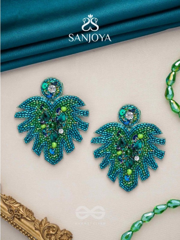 Parnin - The Verdant Leaf - Stones, Sequins And Cutdana Hand Embroidered Earrings