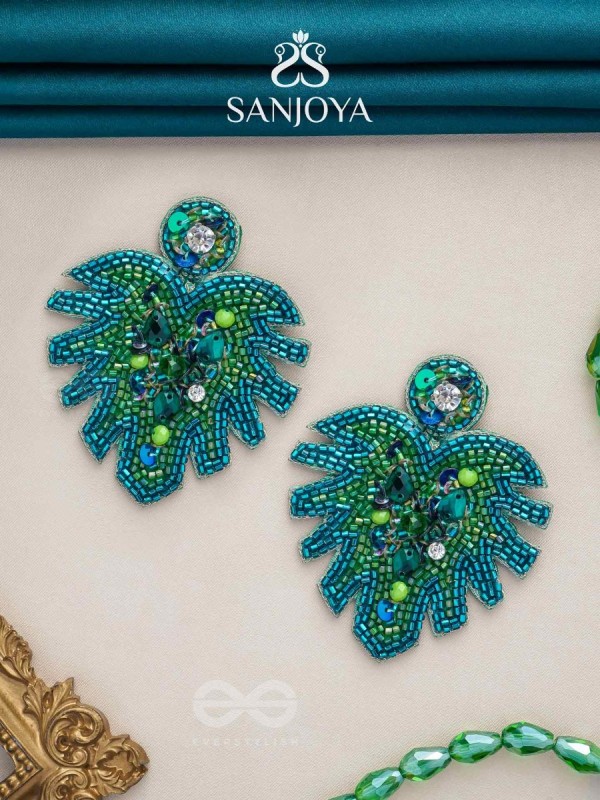 Parnin - The Verdant Leaf - Stones, Sequins And Cutdana Hand Embroidered Earrings