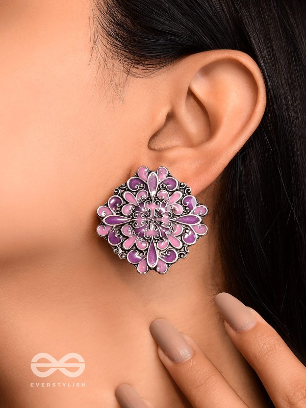 The Floral Fantasy - Oxidised Statement Stud Earrings (Violet & Orchid Purple)