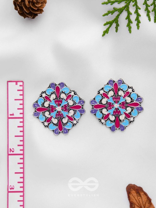 The Floral Fantasy - Oxidised Statement Stud Earrings (Crimson, Violet & Sky Blue)