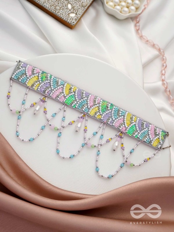 Paatalya - The Flower Meadow - Sequins, Beads And Glass Drops Hand Embroidered Choker Necpiece