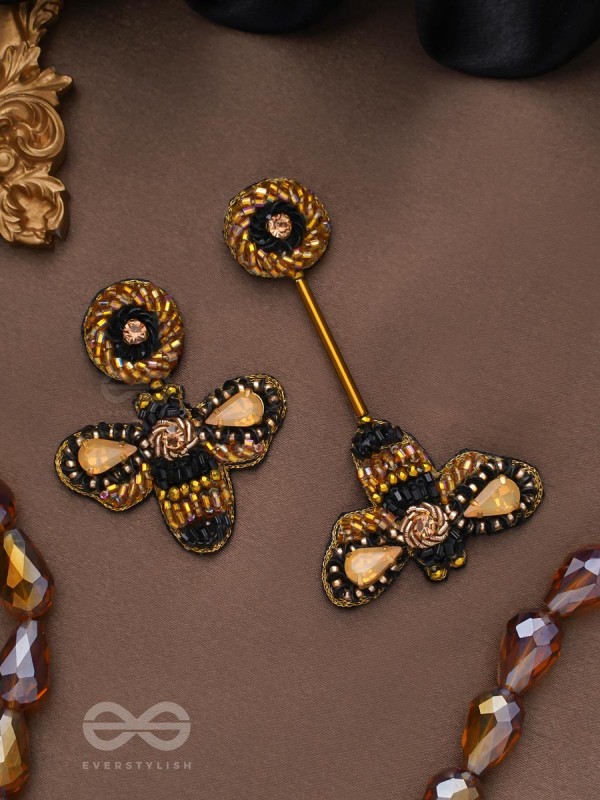 Saaragha - Pair Of Honeybees - Stones, Cutdana And Beads Hand Embroidered Earrings