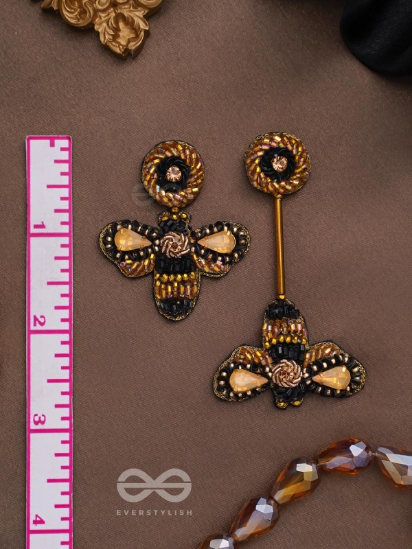 Saaragha - Pair Of Honeybees - Stones, Cutdana And Beads Hand Embroidered Earrings