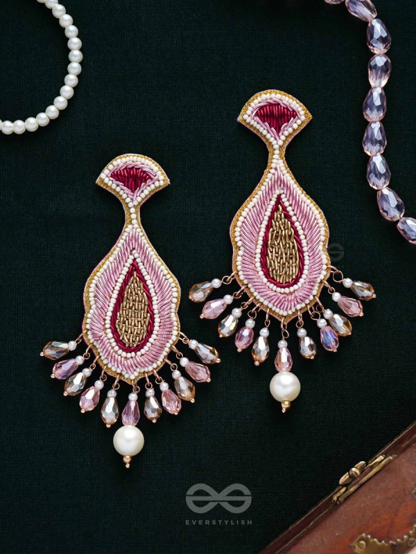 Vismaya - The Amazement - Dabka, Beads And Glass Drops Hand Embroidered Earrings