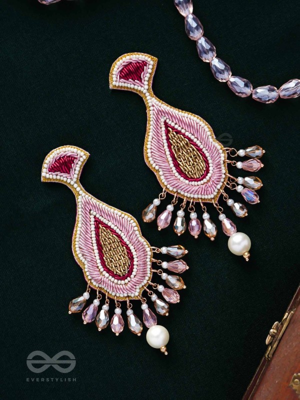 Vismaya - The Amazement - Dabka, Beads And Glass Drops Hand Embroidered Earrings