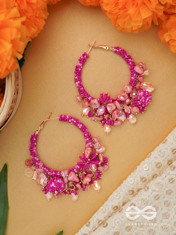 Roshnika - The Pink Spark - Stones, Beads And Glass Drops Hand Embroidered Earrings