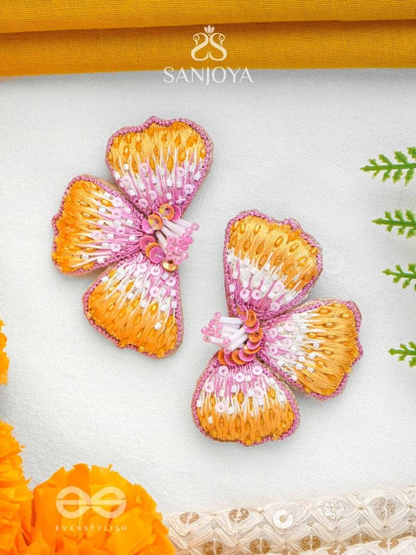 Shobhana - The Shining - Sequins And Resham Hand Embroidered Earrings (Pink & Mustard)