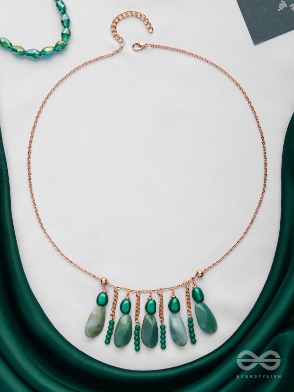 Nature's Emerald Paradise- Golden Playful Neckpiece With Anti-Tarnish Coating 