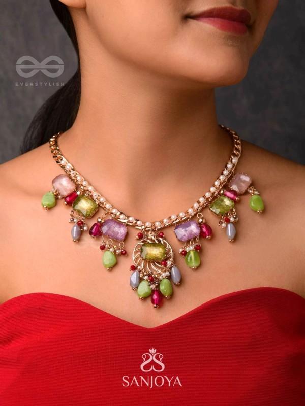 Suprayas - The Regal Gemstones - Golden Embellished Statement Neckpiece (Multicolor)