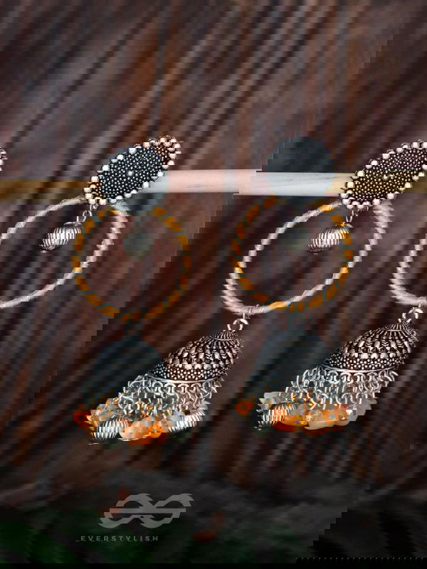 THE SUNFLOWER DELIGHT - OXIDISED EMBELLISHED JHUMKA EARRINGS