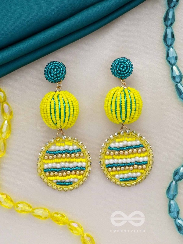 Viroka - Out & Loud - Beads Hand Embroidered Earrings (Yellow & Teal)