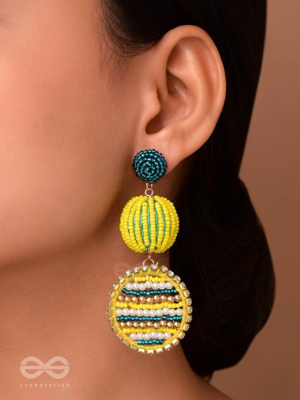 Viroka - Out & Loud - Beads Hand Embroidered Earrings (Yellow & Teal)
