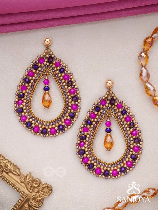 Vilobhanam - The Bittersweet Temptation - Golden Embellished Hand Embroidered Statement Earrings (Pink & Purple)