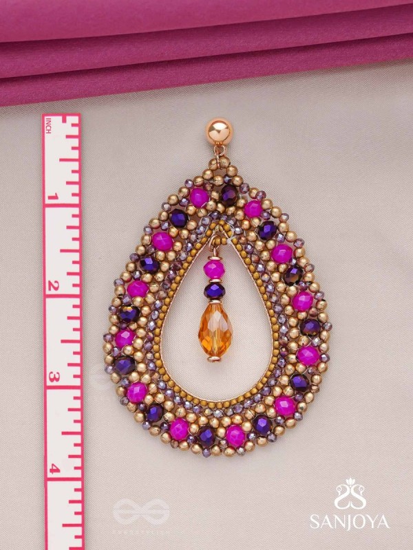 Vilobhanam - The Bittersweet Temptation - Golden Embellished Hand Embroidered Statement Earrings (Pink & Purple)