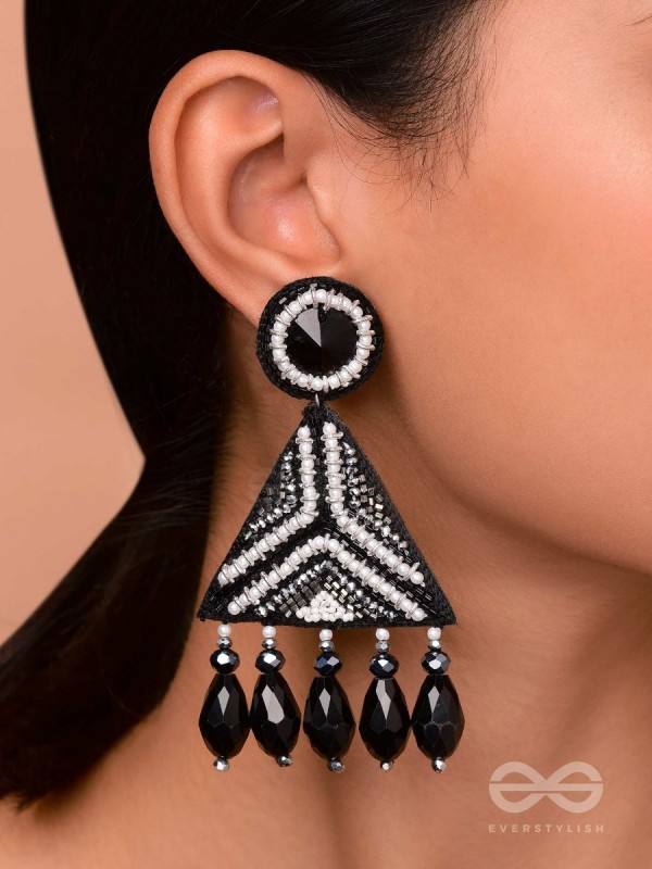 Shwetaka - The Gleaming Night - Stone, Beads And Glass Drops Hand Embroidered Earrings (Black & White)
