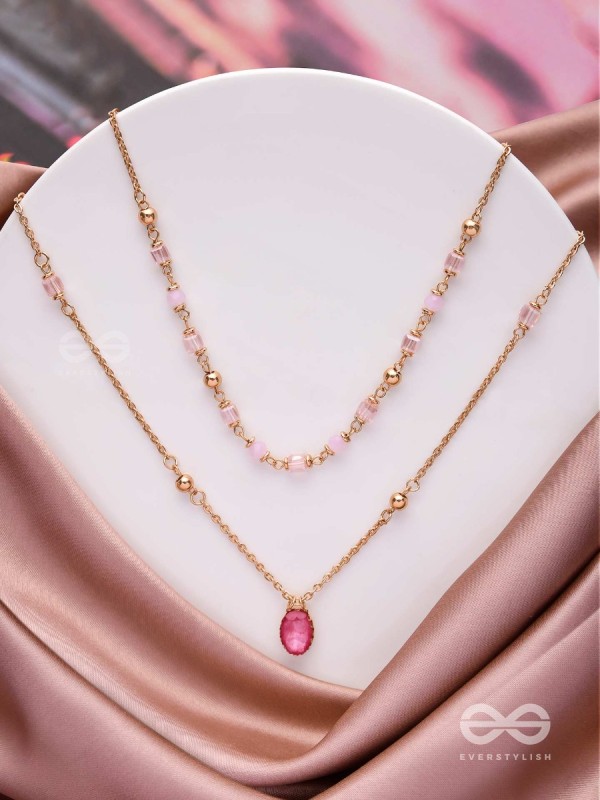Charming Crystal Cascade - Cute Multilayered Neckpiece (Pink) With Anti-Tarnish Coating 