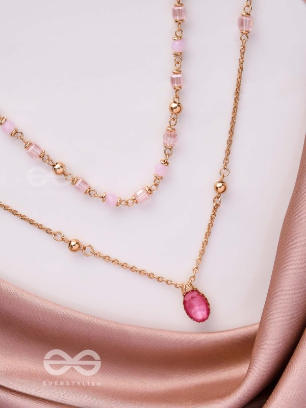 Charming Crystal Cascade - Cute Multilayered Neckpiece (Pink) With Anti-Tarnish Coating 