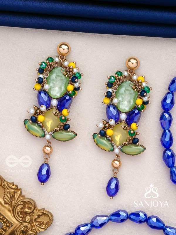 Srotah - The Castle Waves - Stones, Beads And Glass Drops Hand Embroidered Earrings