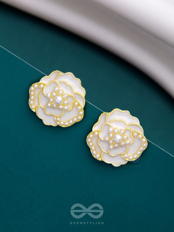 DEW DROPPED PEONIES - GOLDEN ENAMELLED STUDS (WHITE)