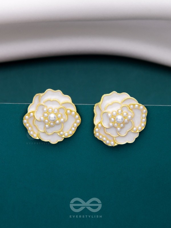 DEW DROPPED PEONIES - GOLDEN ENAMELLED STUDS (WHITE)