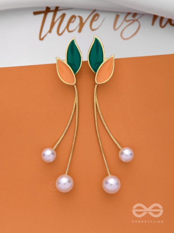 ALWAYS AN ANGEL - PEARL & ENAMELLED EAR JACKETS (GOLD AND GREEN)