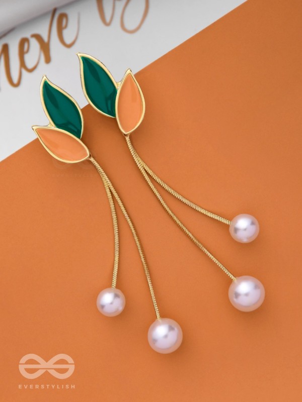 ALWAYS AN ANGEL - PEARL & ENAMELLED EAR JACKETS (GOLD AND GREEN)